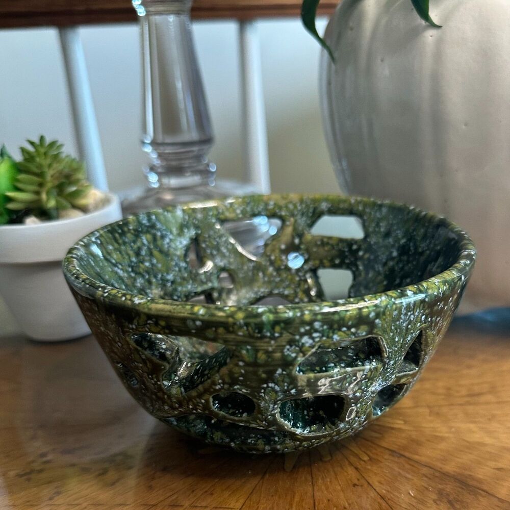 Vintage Signed Studio Pottery Stoneware Bowl w/ Geometric Cutout Design & Jasper